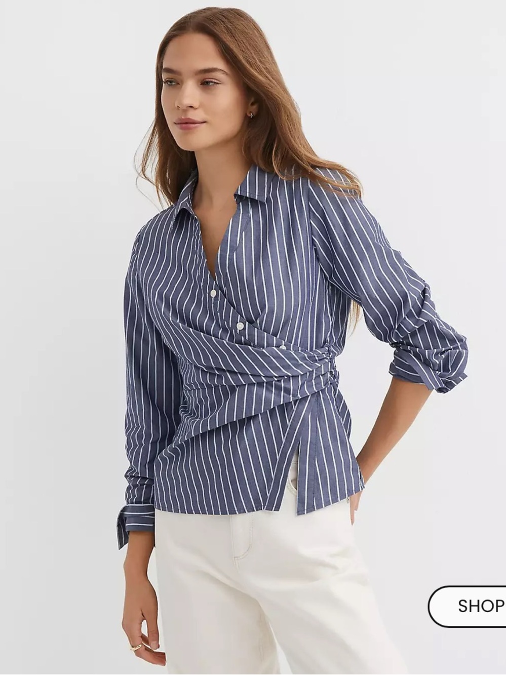 Loft Stripe Side Shirred Poplin Shirt size 4